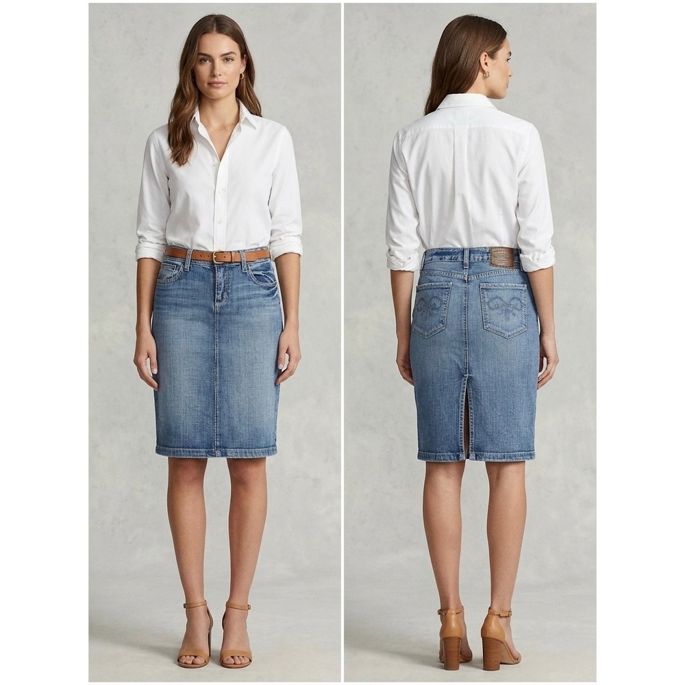 Ralph Lauren Dungarees Blue Denim Pencil Skirt Medium Wash Embroidered Size 11